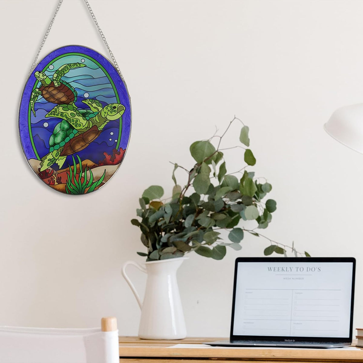Hanging Ornament, Sea Turtle Stained Glass Window Hangings Suncatcher, 10 inches, Multicolored