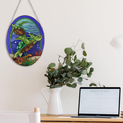 Hanging Ornament, Sea Turtle Stained Glass Window Hangings Suncatcher, 10 inches, Multicolored