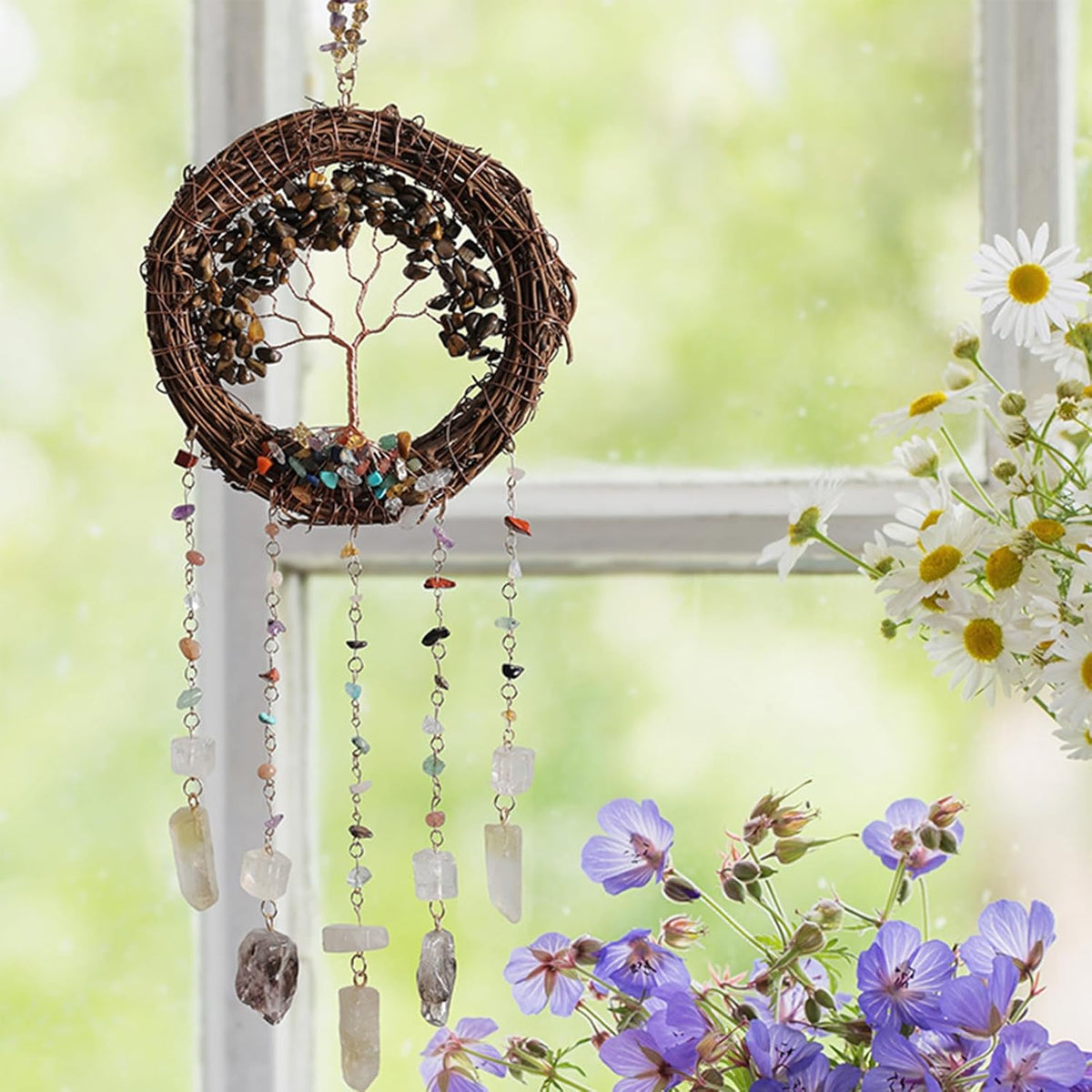 TUOKING Crystal Suncatchers for Window Tree of Life Brown Crystals Vine Wreath Sun Catchers Rainbow