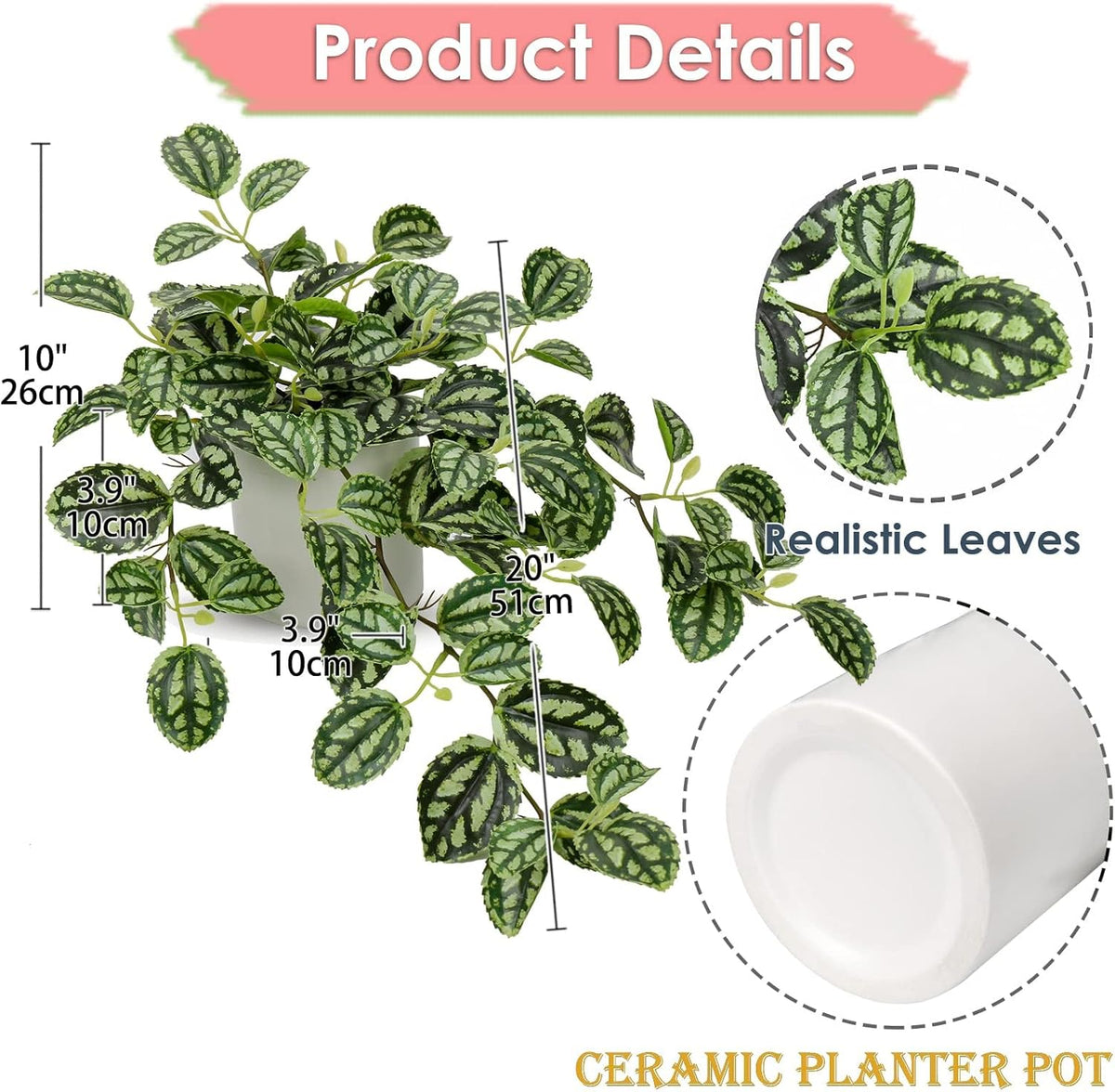 Fake Hanging Plants, 20 Inch Artificial Ivy Plant in Ceramic Pot Faux Watermelon Peperomia Trailing