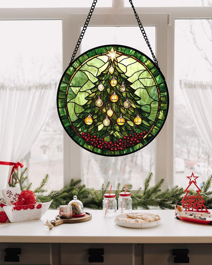 Stained Glass Window Hanging - Green Christmas Tree Golden Bells Suncatcher for Doors Home