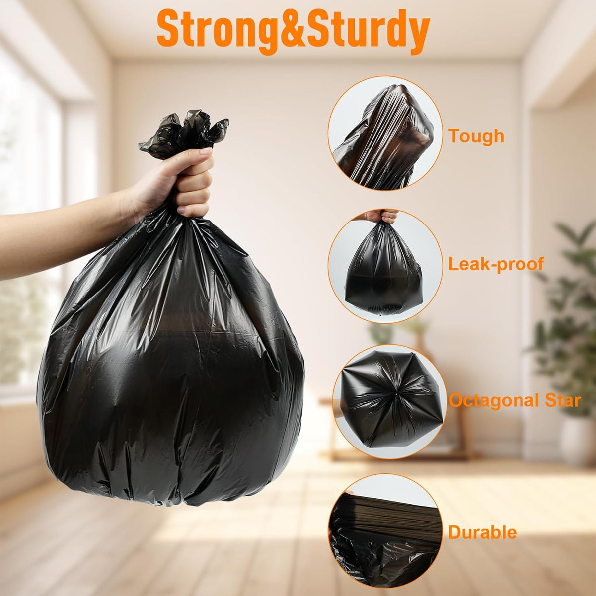 O2frepak 8 Gallon Multipurpose Tear-Resistant Trash Bags,Heavy Duty,Tastless and Black Garbage Bags