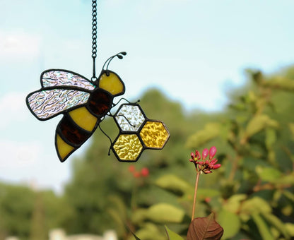 Bee On Honeycomb Stained Glass Window Hangings, Bee Suncatcher Garden Bee Decor Bee Gift for Mom