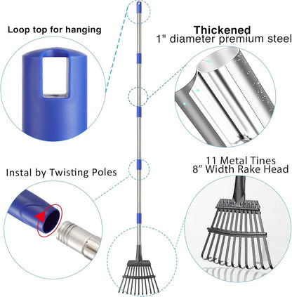 Rake for Leaves, 8" Wide 11 Tines Small Metal Hand Garden Adjustable Lawn Yard Shrub Kids Leaf Rake