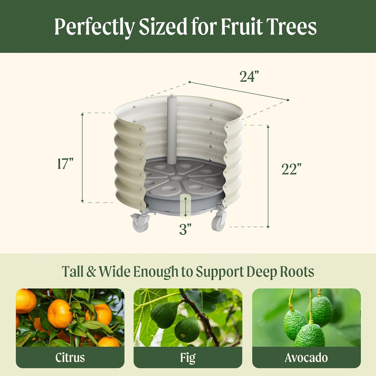 Rolling Metal Citrus Tree Planter, Self-Watering Round Planter Box for Porch Patio & Backyard