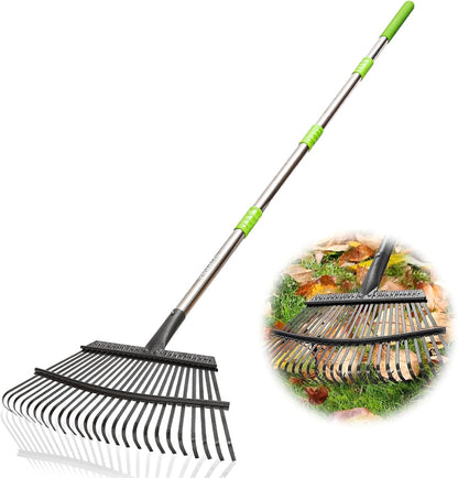 Joyhalo Rake for Leaves Adjustable 65 Inch Long, 18 Inch Wide Garden Rake with 25 Tines, Metal Leaf