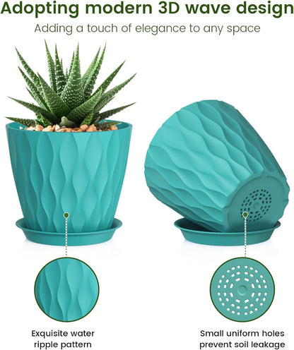 5 inch Plant Pots for Indoor Outdoor Plants, 6 Pack Flower Pots with Drainage Holes and Saucers, 3D