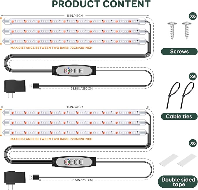 Tri-Bars Grow Light Strips for Indoor Plants with Auto ON/Off Timer 6/12/18H, 5 Dimmable Levels for