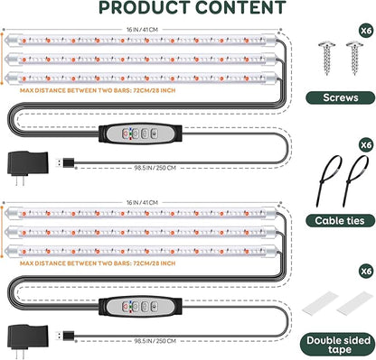 Tri-Bars Grow Light Strips for Indoor Plants with Auto ON/Off Timer 6/12/18H, 5 Dimmable Levels for