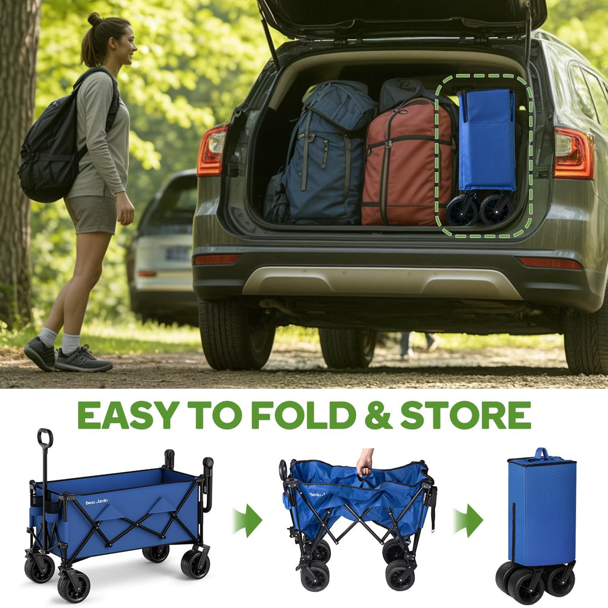 BEAU JARDIN Folding Push & Pull Beach Wagon 500 lbs Collapsible Foldable Wagons with Push Handle