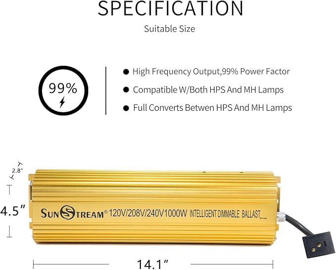 SunStream 1000 Watt HPS Light Dimmable Electronic Grow Light Ballast for Indoor Plant (Liteversio