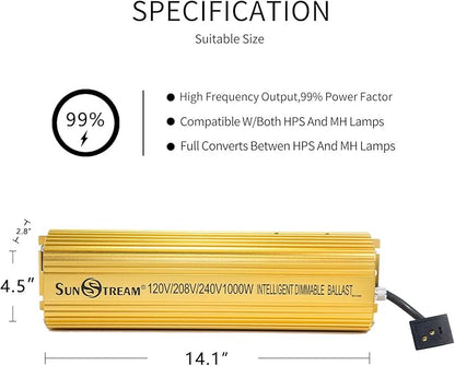 SunStream 1000 Watt HPS Light Dimmable Electronic Grow Light Ballast for Indoor Plant (Liteversio