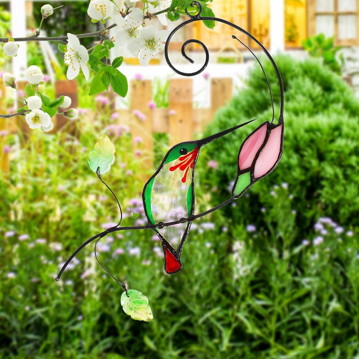 Handmade Stained Glass Hummingbird Suncatcher, Window Hanging Ornament with Flower Design, Indoor