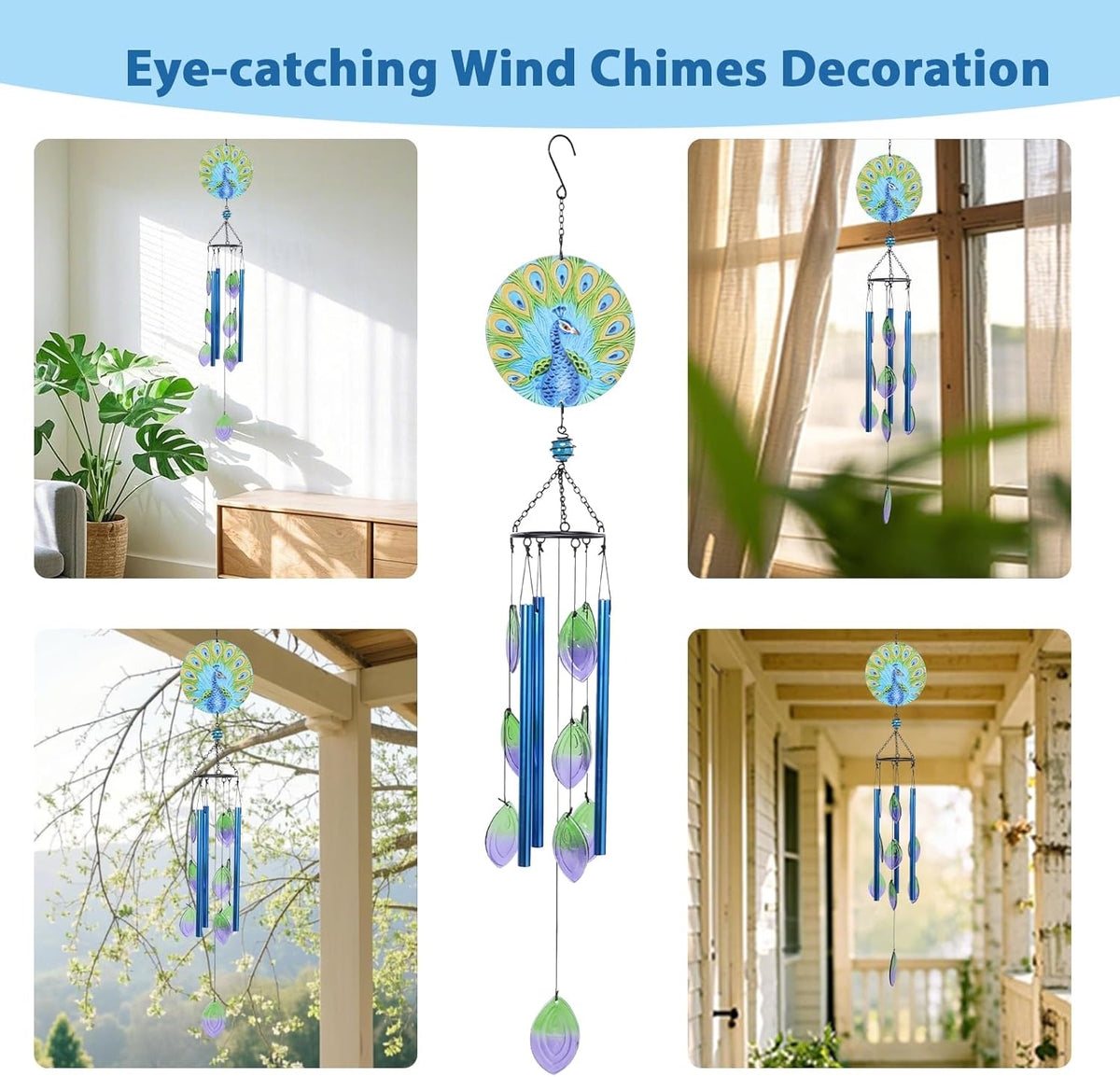 MUMTOP Wind Chimes for Outside-Glass Peacock Wind Chime - Deep Tone Windchimes Outdoors Unique for