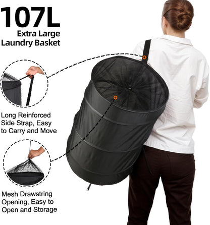BATTOO Extra Large 107L Strong Laundry Hamper 17.5" x 27" Collapsible Laundry Baskets with Long