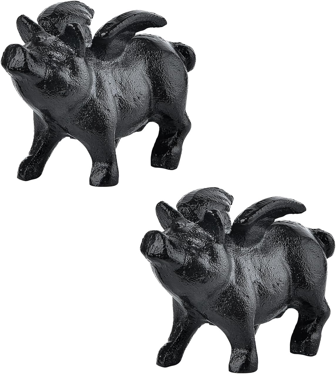 Sungmor Whimsical Cast Iron Flying Pig Statue, 2pcs Rustic Black Cute Little Piggy Paperweight