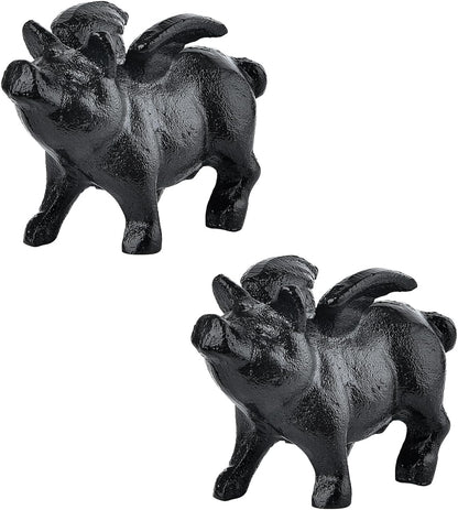 Sungmor Whimsical Cast Iron Flying Pig Statue, 2pcs Rustic Black Cute Little Piggy Paperweight
