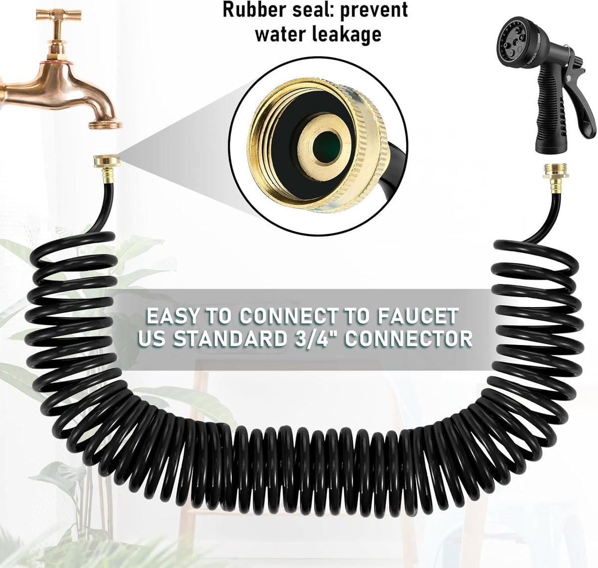 Pangda 25 Ft x 3/8'' Coil Garden Hose EVA Recoil Garden Self Coiling Expanding Water Hose with 6