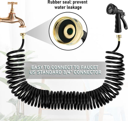 Pangda 25 Ft x 3/8'' Coil Garden Hose EVA Recoil Garden Self Coiling Expanding Water Hose with 6