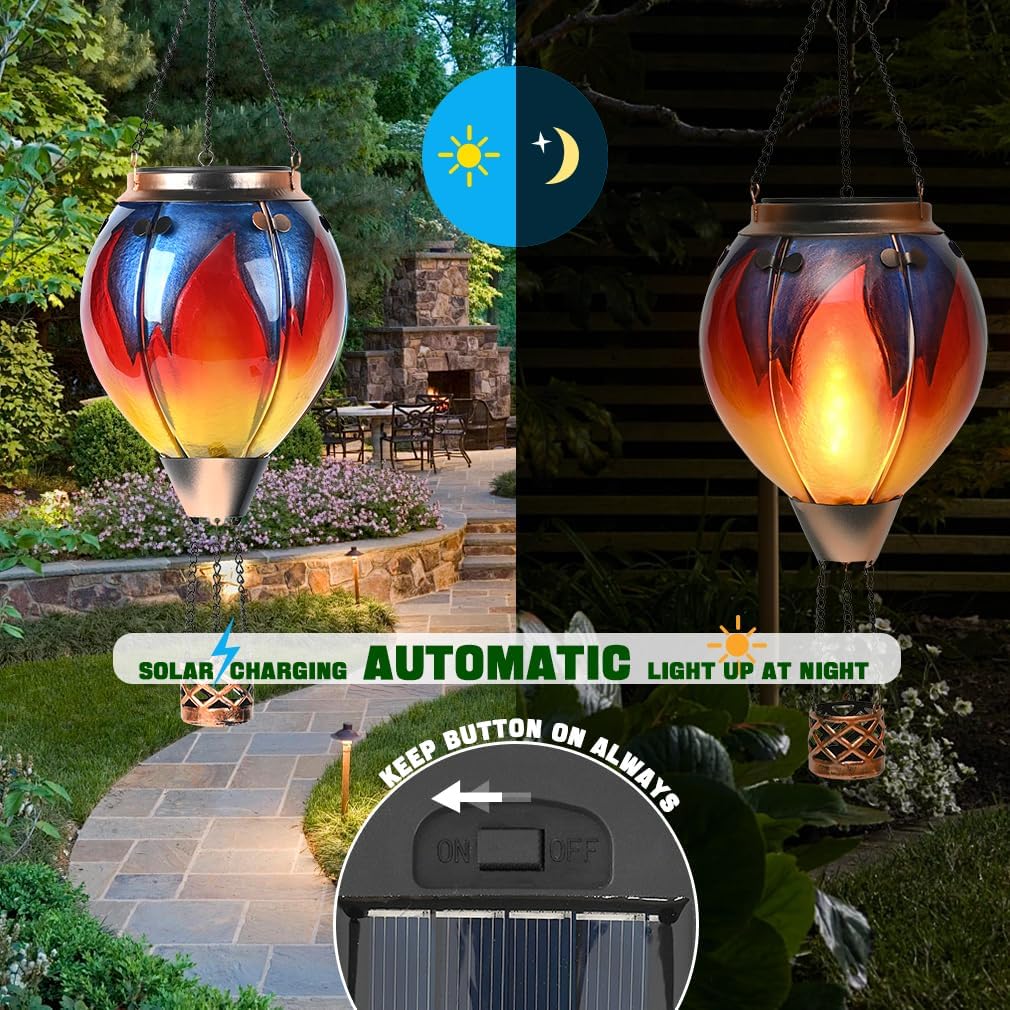 Hot Air Balloon Solar Lantern - Simulated Flickering & Dancing Flame Glass Lantern , Outdoor