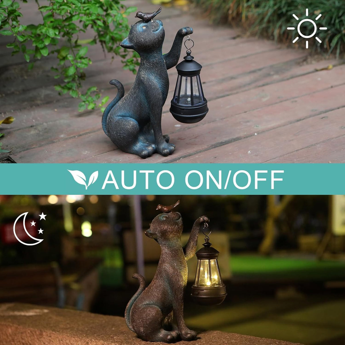 Outdoor Cat Statues Solar Garden Decor : Cat Figurine with Bird Decor,Unique Garden Art for Porch