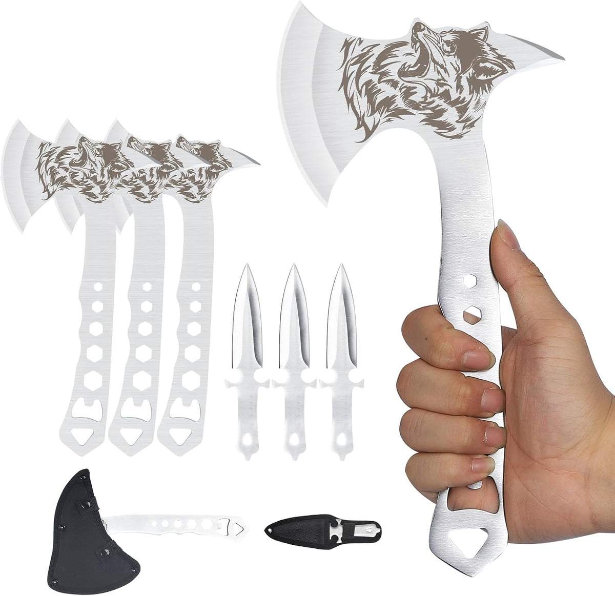 Throwing Axe and Tomahawk 3 Pack Protective Nylon Sheath with Built-in Corkscrew,10.4" Full Tang