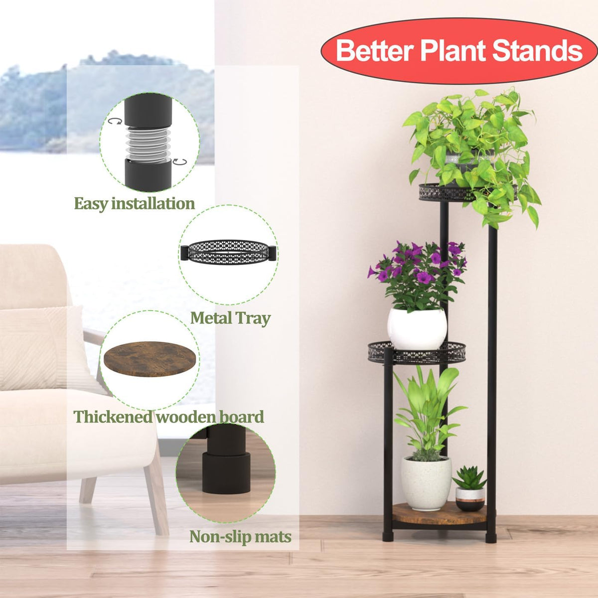 Plant Stand Indoor Outdoor,3 Tier Metal Wood Plant Stand for Multiple Plants,Black Tall Narrow