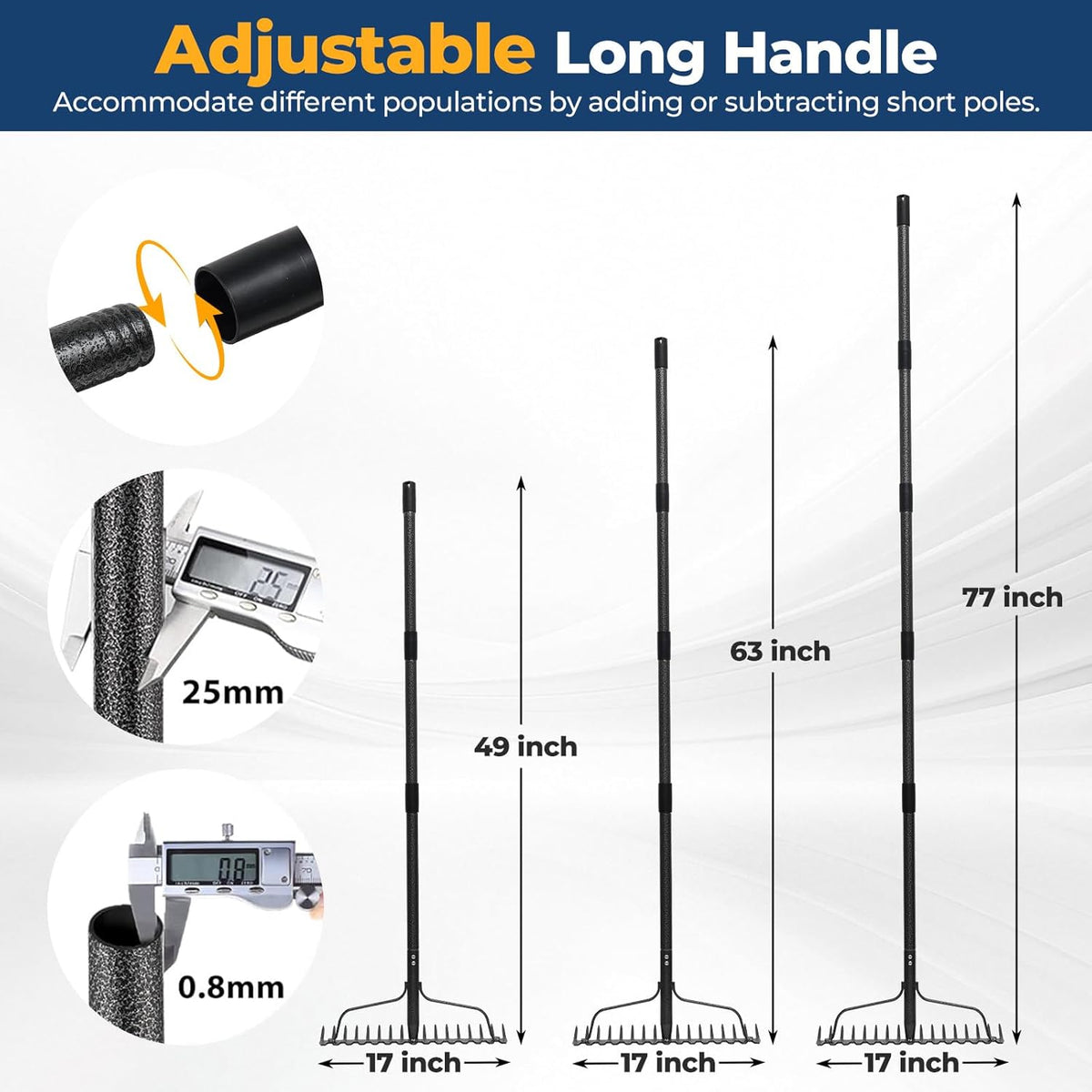 49“-77” Adjustable Rake, 17" Extra Wide Double-Sided Lightweight Head Garden Rake | Lightweight &