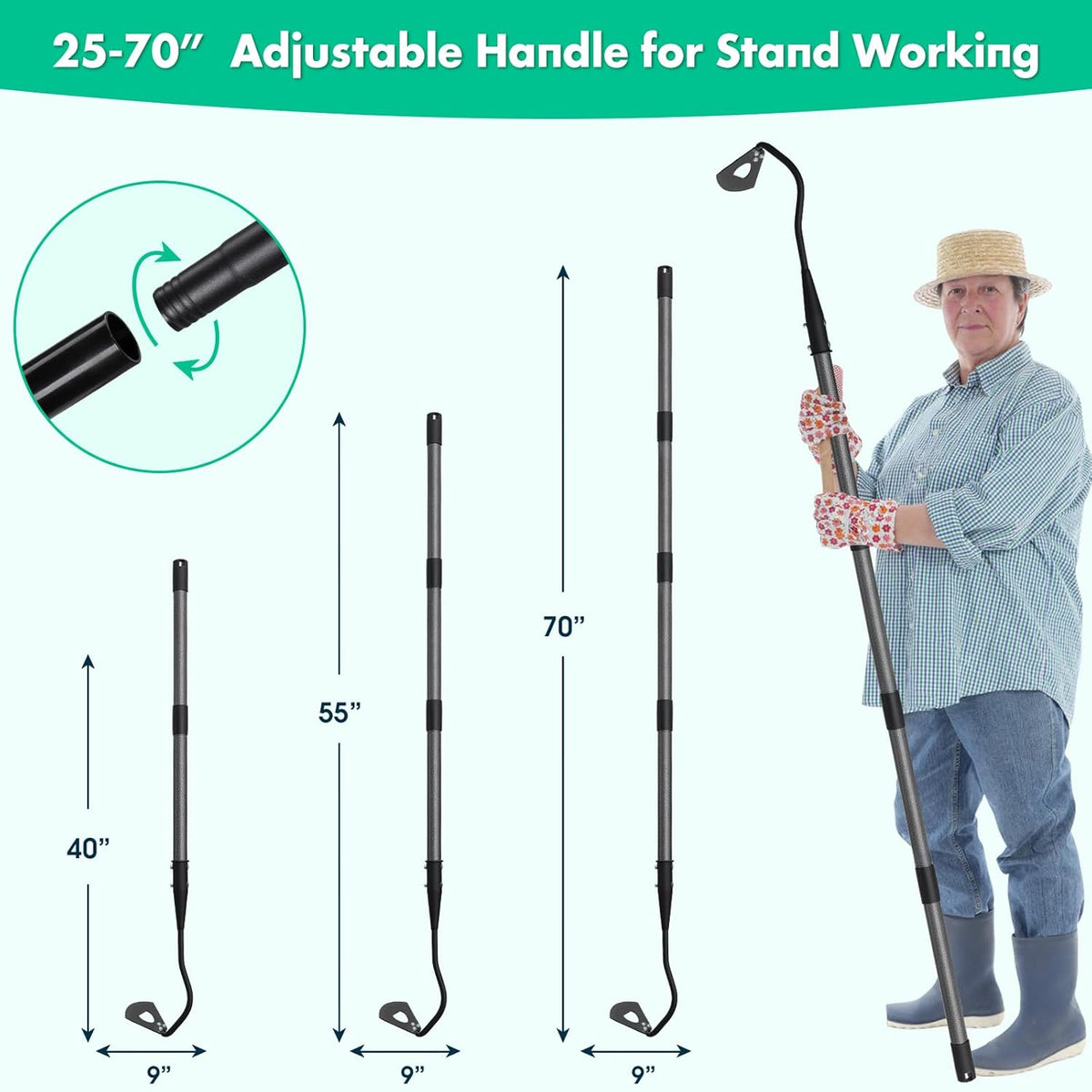 Hoe Garden Tool with 70Inch Long Handle, Heavy Duty Garden Hoes for Weeding Loosening Soil Digging