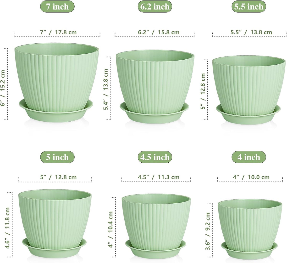 7/6.2/5.5/5/4.5/4 inch Plant Pots, 6 Pack Flower Pots for Small Indoor Outdoor Plants, Plastic