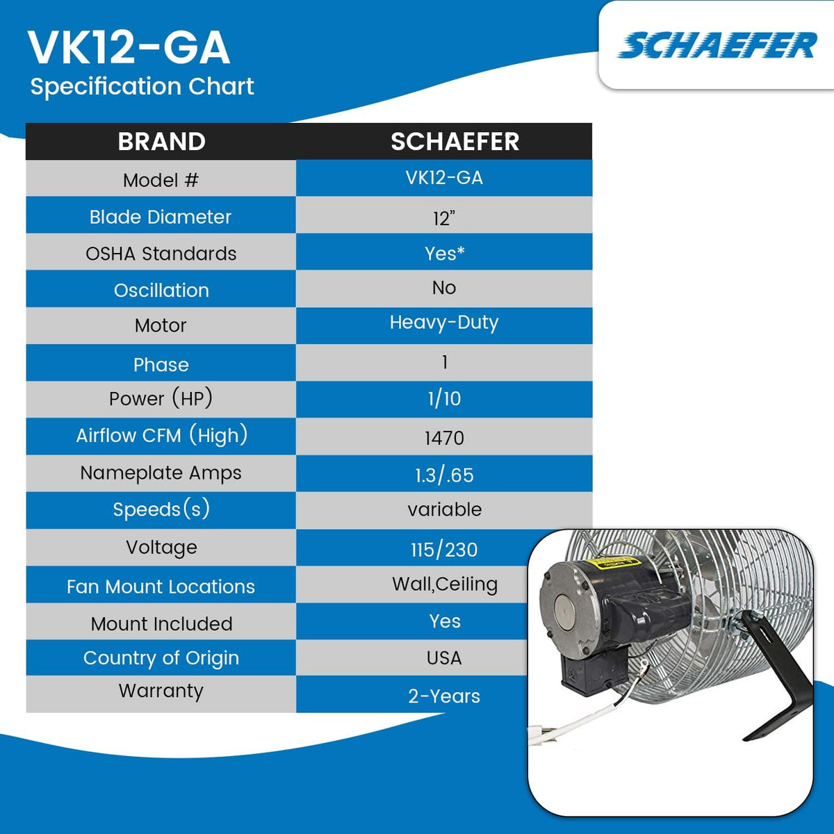 Schaefer VK12-GA VersaKool Air Circulator Fan, Ceiling Wall Mount & Aluminum Blade, 1470 CFM, 1/10