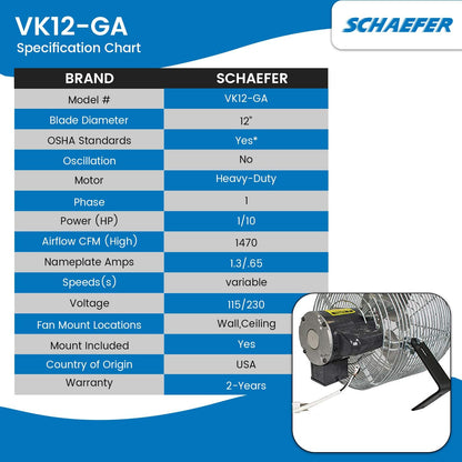 Schaefer VK12-GA VersaKool Air Circulator Fan, Ceiling Wall Mount & Aluminum Blade, 1470 CFM, 1/10