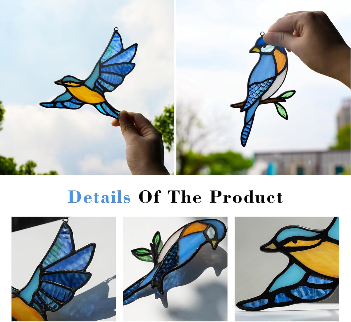 BOXCASA Blue Birds Decor Stained Glass Suncathers for Window,Stained Glass Bird Window