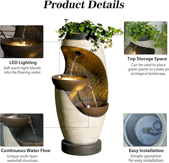 27.95''H Outdoor Garden Water Fountain, 2-Tier Bowl Shaped Floor - Standing Waterfall Fountain