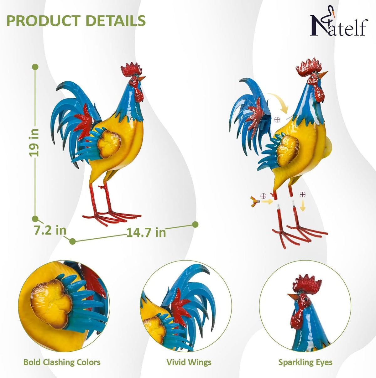 Natelf Rooster Garden Statues Outdoor Decor Metal Chicken Sculpture, Yard Art for Patio, Porch