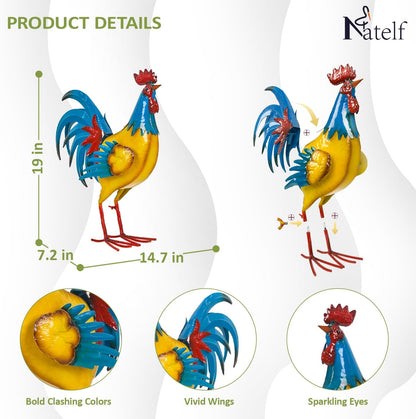 Natelf Rooster Garden Statues Outdoor Decor Metal Chicken Sculpture, Yard Art for Patio, Porch