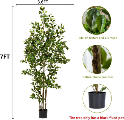 Artificial Ficus Tree Indoor 7ft, Large Potted Faux Tree with Realistic Silk Leaves & Trunk for