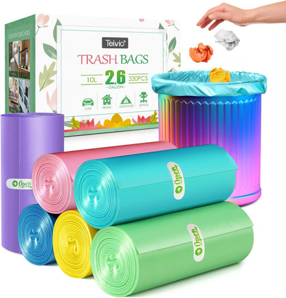 2.6 Gallon/330pcs Strong Trash Bags Colorful Clear Garbage Bags by Teivio, Bathroom Trash Can Bin
