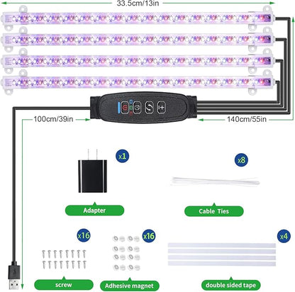 Four Strip Growing Lamp for Indoor Plants, Red & Blue & Yellow Full Spectrum LED Grow Light Strips