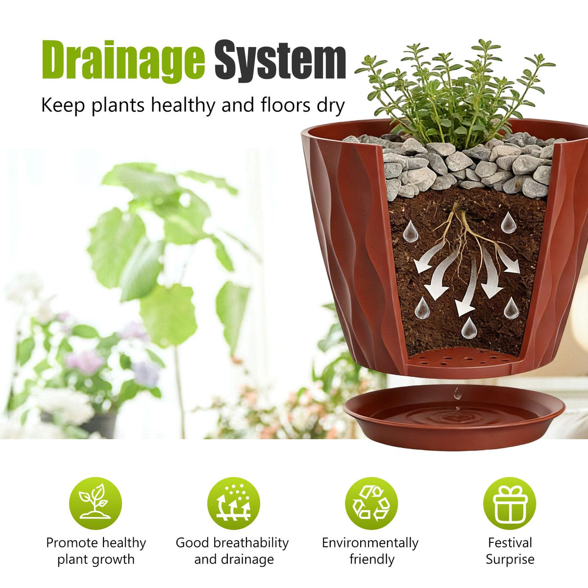 SQKH 8 Inch Plastic Plant Pots,Set of 5 Flower Pots,Planters with Drainage Holes & Saucers, Indoor
