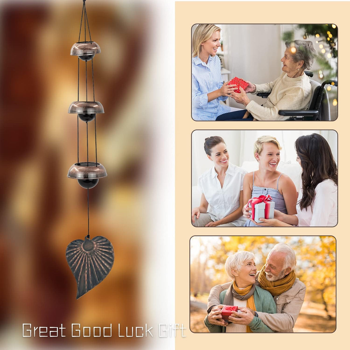 Three Cooper Leaf Temple Wind Chime,Wind Chimes with 3 Bells, Feng Shui Wind Chimes for Home Yard
