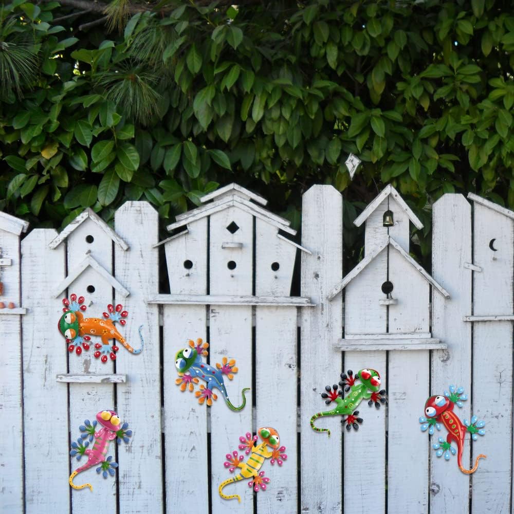 hogardeck Metal Gecko Outdoor Wall Decor, 6 Pack Lizard Wall Art Garden Sculptures & Statues with