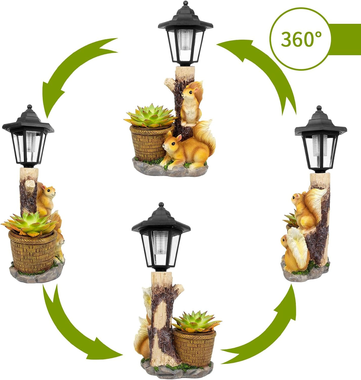 Solar Squirrels Outdoor Statues, Garden Sculptures with Flowerpot Decor & Solar Lantern for Yard