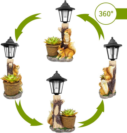 Solar Squirrels Outdoor Statues, Garden Sculptures with Flowerpot Decor & Solar Lantern for Yard