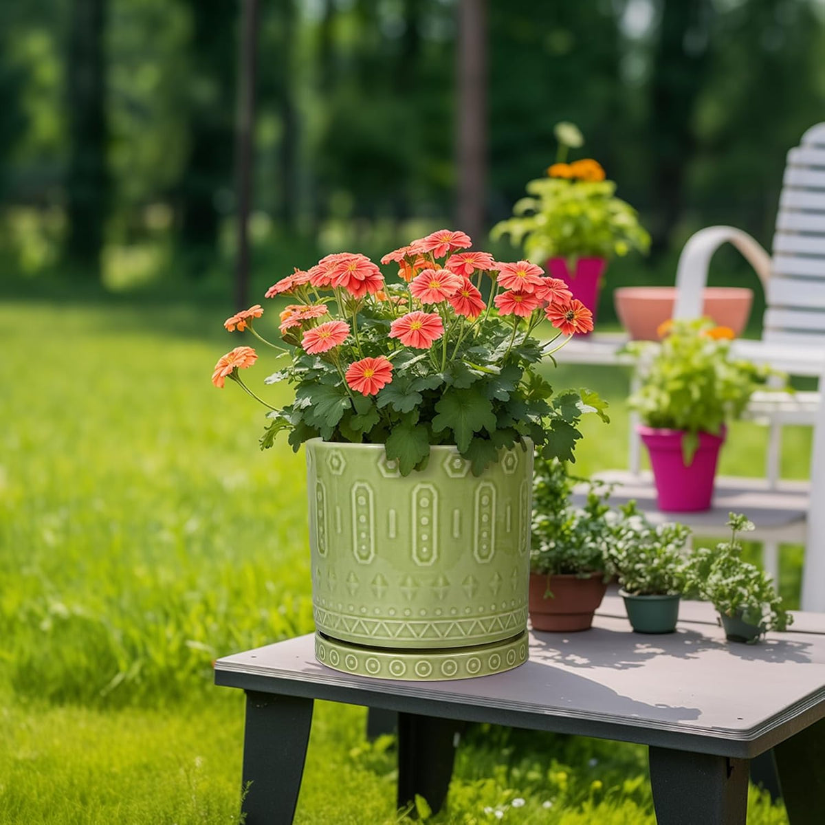 Ceramic Pot for Plants - 10 Inch Indoor Plant Pots with Drainage Holes and Saucer, Boho Round