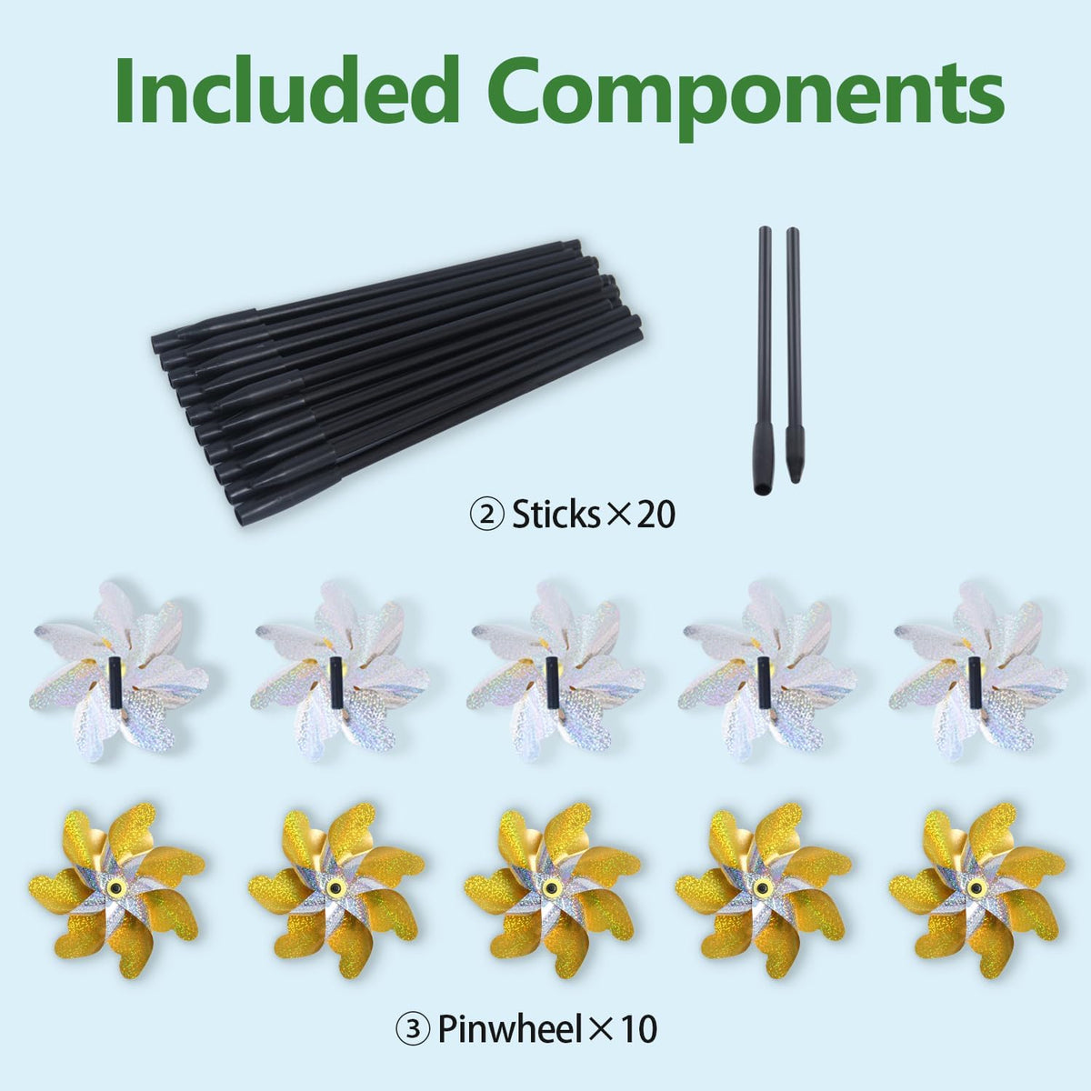 10 Pack Reflective Pinwheels with Stakes, 19.7 inch Gold & Silver Pre-Assembled Sparkle Pin Wheel