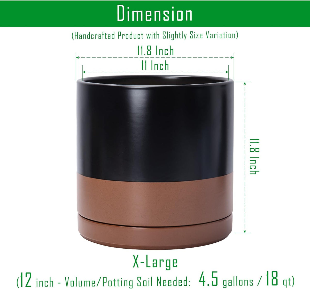 D'vine Dev 12 Inch Ceramic Planter Pot with Drainage Hole and Saucer, Indoor Cylinder Round Planter