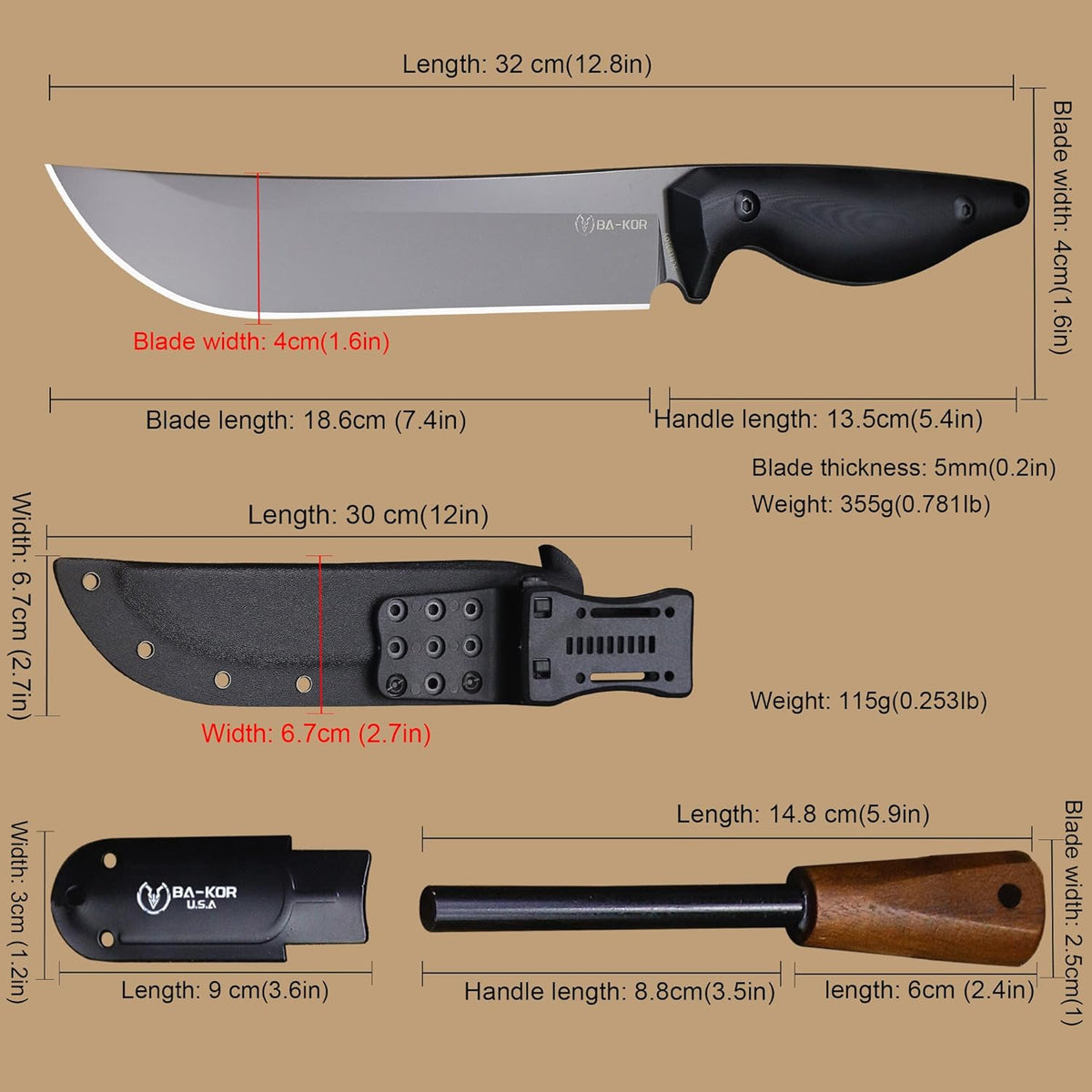 BA-KOR 5MM (9CR18MOV) steel 12.8'' full tang camping knife +K sheathing &5.9" cerium igniter can be