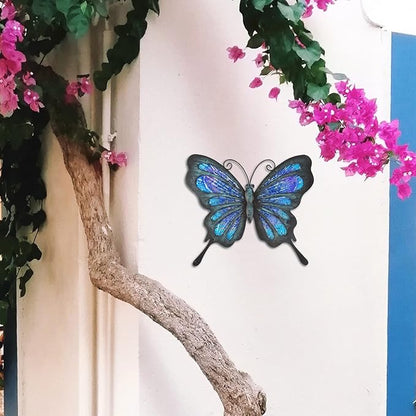 HONGLAND Metal Butterfly Wall Decor Outdoor Indoor Art Sculpture Hanging Glass Decorations Blue for