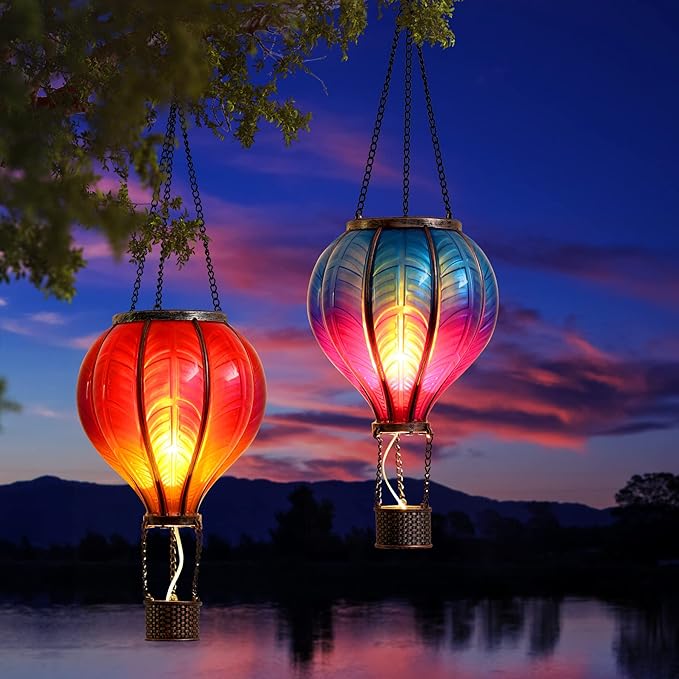 TERESA'S COLLECTIONS 2 Pcs Hot Air Balloon Solar Lantern Outdoor Garden Decor, Waterproof Hanging